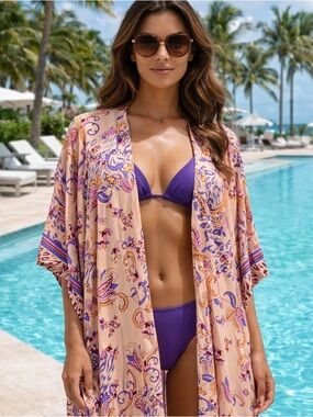 New! Hadley Wren Kimono/Swim Cover up One size fits most Pink Purple Multi